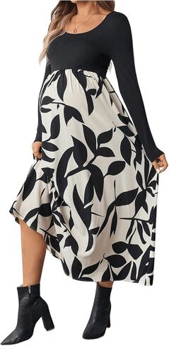 MakeMeChic Women's Maternity Dress Patchwork Printed Flowy Pregnancy Midi Dresses in Saudi Arabia