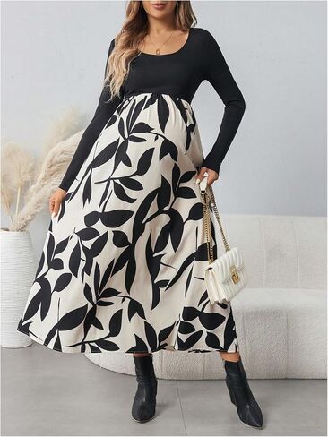 MakeMeChic Women's Maternity Dress Patchwork Printed Flowy Pregnancy Midi Dresses in Saudi Arabia