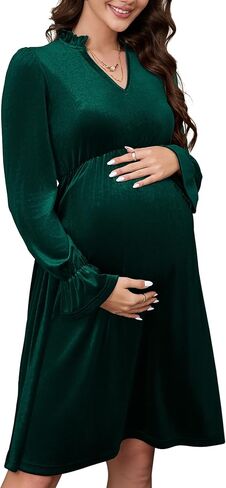 KOJOOIN Maternity V Neck Velvet Dress Women's Ruffle Long Sleeve Cocktail Midi Dresses Photoshoot Baby Shower Fall Dress in Saudi Arabia