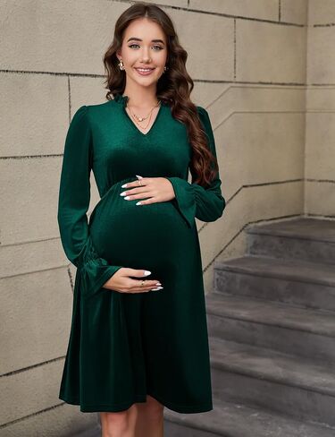 KOJOOIN Maternity V Neck Velvet Dress Women's Ruffle Long Sleeve Cocktail Midi Dresses Photoshoot Baby Shower Fall Dress in Saudi Arabia