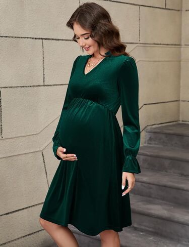 KOJOOIN Maternity V Neck Velvet Dress Women's Ruffle Long Sleeve Cocktail Midi Dresses Photoshoot Baby Shower Fall Dress in Saudi Arabia