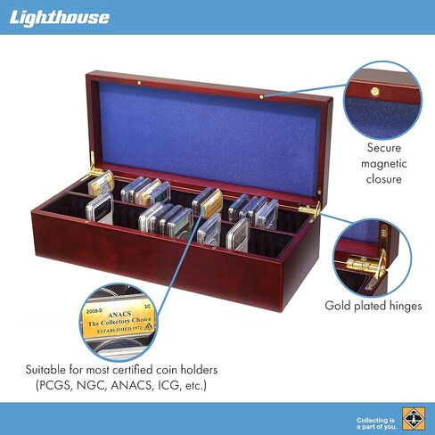 المنارة - صندوق عملات معدنية يتسع لـ 50 لوحًا - مثالي للألواح من PCGS وNGC وANACS وICG والمزيد - لمسة نهائية من خشب الماهوجني in Kuwait