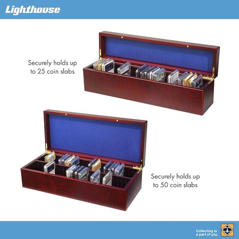المنارة - صندوق عملات معدنية يتسع لـ 50 لوحًا - مثالي للألواح من PCGS وNGC وANACS وICG والمزيد - لمسة نهائية من خشب الماهوجني in Kuwait