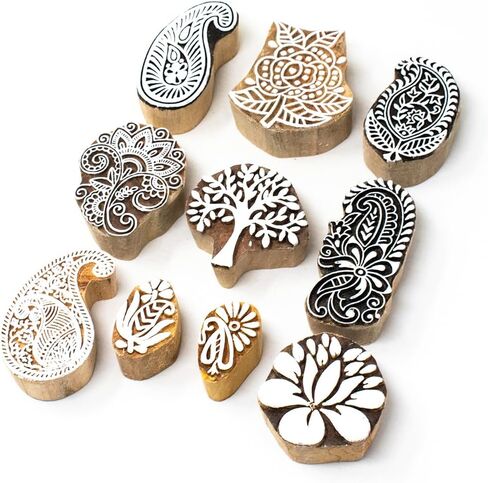Mehendi Print Blocks| Border Pattern Wooden Stamps - Border Pattern Printing Blocks - Handcarved Indian Textile Printing Blocks for Crafting on Fabric, Clay & Henna Tattoo, Hashcart® (Set of 10) in Kuwait