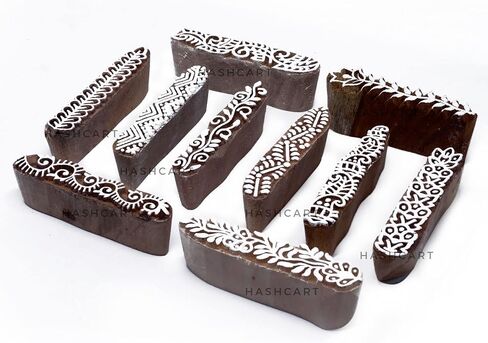 Mehendi Print Blocks| Border Pattern Wooden Stamps - Border Pattern Printing Blocks - Handcarved Indian Textile Printing Blocks for Crafting on Fabric, Clay & Henna Tattoo, Hashcart® (Set of 10) in Kuwait