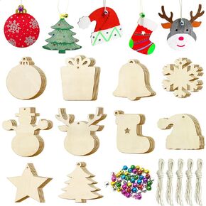 50 PCS Unfinished Wooden Christmas Ornaments DIY Christmas Wooden Slices with 50 Jingle Bells for Crafts Christmas Hanging Decorations?10 Shapes?