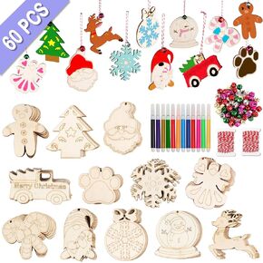OurWarm 60PCS Unfinished Wooden Christmas Ornaments, 12 Styles DIY Blank Wood Ornaments Crafts Kit with Colored Markers to Paint, Christmas Tree Decorations Holiday Gift for Kids Adults
