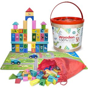 Wooden Blocks Set for Toddlers, Preschoolers, Educational Building Toys, Multicolor, with Storage Bucket and Bag., Medium, WB002