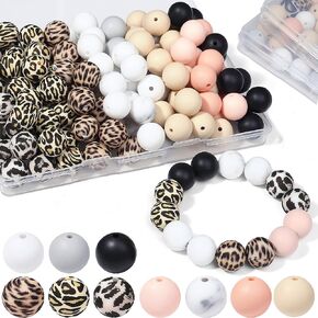 70Pcs Silicone Beads 15mm, Silicone Beads for Keychain Making Dark Leopard Silicone Beads for DIY Bracelets and Necklace Crafts Making Bulk Print Beads（Classic Leopard）