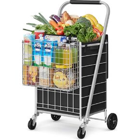 SONGMICS Foldable Shopping Cart, Heavy Duty Grocery Cart with 360° Swivel Wheels, Oxford Fabric Bag, Removable Basket, Utility Cart for Shopping, Picnic, Laundry, Ink Black UKST012B01