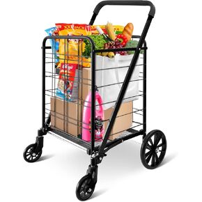SereneLife Folding Grocery Utility Shopping Supermarket Cart with 360 Rolling Swivel Wheels, Double Basket, Large Capacity 110 lbs, Portable, Collapsible Compact Folding, for Grocery Laundry, Luggage