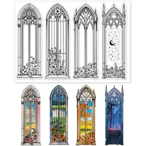 GLOBLELAND Vintage Gothic Windows Clear Stamps Flower Bookmark Clear Stamps Sparkle Moon Silicone Stamps for DIY Scrapbooking Photo Album Decorative Cards Making Home Decoration 8.27x5.83inch