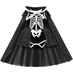 ODASDO Toddlers Kids Baby Girls Halloween Trick or Treat Outfits Skull Ghost Romper With Tulle Cloak 2pcs Set