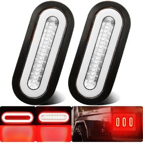 2Pcs 6" inch Clear Lens Oval Red 52 LEDs Trailer Boat Halo Brake Stop Running Turn Signal Tail Lights w/Rubber Grommet, Sealed Submersible IP67 for Truck/RV/Van, DC 12V