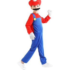 Plumber Costume for Kids M&L Super Brothers Cosplay Boys Halloween Costumes Jumpsuit with Hat Mustache