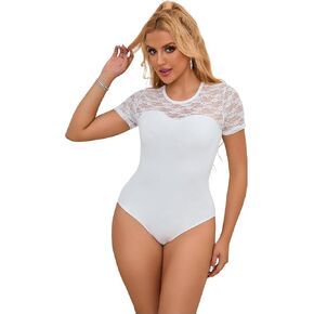 Lace Bodysuit Short Sleeve Leotards for Women Sexy Body Suit Tops Openable Crotch Plus Size S-2XL in Kuwait