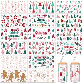 18 Sheets Christmas UV DTF Cup Wrap Transfer for Glass 16 oz Cute Merry Christmas Cups Stickers Gingerbread Man Gnome Sticker Decal Waterproof Red Green Pink Rub on Transfers for Crafting DIY