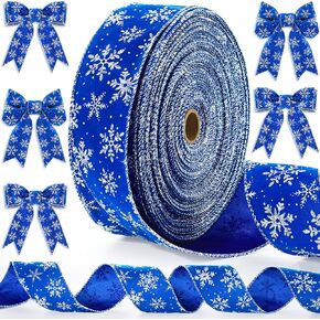 XunYee 50 Yards Christmas Velvet Ribbons Snowflake Wrapping Ribbon 2.5 Inch Xmas Craft Wired Ribbons for Christmas Gift Christmas Tree Bows DIY Decoration Party Supplies(Blue)