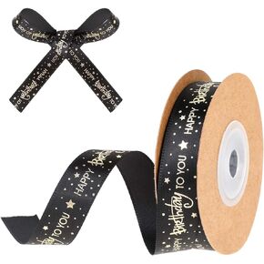 Black Happy Birthday Ribbon for Gift Wrapping 5/8 Inch Black Ribbon with Gold Printed Wide Satin Ribbon Decorations for Birthday Gift Bouquet Wrapping Craft Hair Bows Party Supplies (10 Yards)