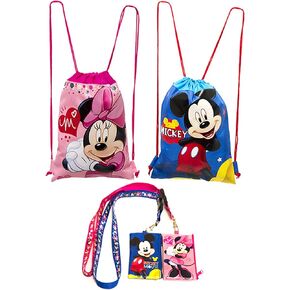 (4ct) Mickey & Minnie Mouse Drawstring Backpack - Lanyards with Detachable Coin Purse