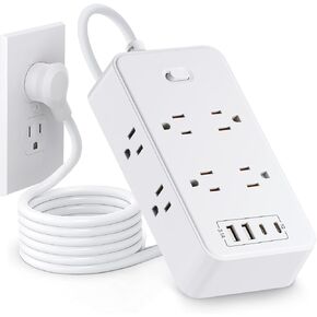 Surge Protector Power Strip with USB Ports, 6 Feet Extension Cord with Multiple Outlets, Flat Plug, 12 Outlets, 4 USB (2 USB-C), Multi Plug Outlet Extender for Home and Office(White)