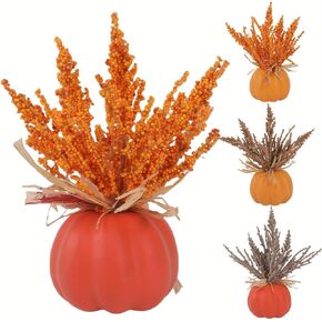 4PCS Artificial Pumpkins for Decoration Artificial Wheat Ear Decorative Pumpkins Topped Plastic Foam Fake Pumpkins for Fall Halloween Thanksgiving Table Decor