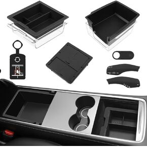 5PCS 2024 Model Y Front + Rear Flocked Center Console Organizer Tray Armrest Hidden Storage Box Cup Holder Silicone Key Card Holder for 2021-2024 New Tesla Model Y Accessories