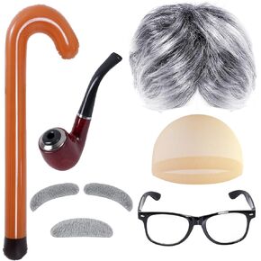 زي شعر مستعار للرجل العجوز باللون الرمادي مكون من 7 قطع من إكسسوارات فستان الجد، مجموعات تنكرية للمدرسة لمدة 100 يوم لحفلات الهالوين in Kuwait