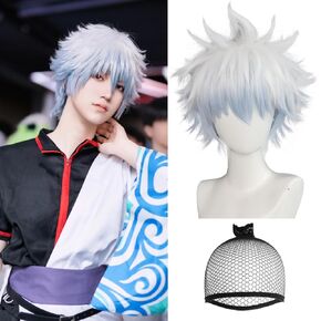 Anogol Hair Cap+Sakata Gintoki Wig for Men Sakata Gintoki Cosplay Wig Sakata Gintoki Costume Gintama Cosplay On Therter 2D Costume Short Silver Wig White Wig Anime Outfit for Halloween Party Wig