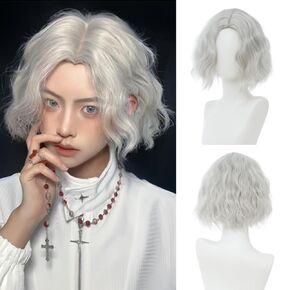 Kaneles Grey Mens Wig Middle Part Short Curly Anime Wigs for Men Synthetic Cosplay Costume Hair Wig