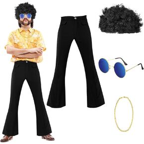 SATINIOR 4 Pcs 70s 80s Hippie Costume Set for Men 70s Outfits Black Disco Pant with Afro Wig, Necklace and Sunglasses(X-Large,Black)