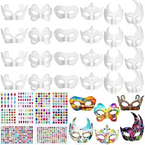 Leyndo 24 Pack Paper Mache Art Masks and 1154 Pcs Gem Stickers Self Adhesive Jewels Stickers Assorted Half Face White Craft Masks DIY Blank Masks Set for Halloween Cosplay Party Masquerade Mask