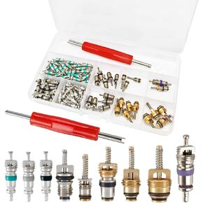 134pcs Car Air Conditioner Valve Core Kit, R12 R134a Automotive A/C Schrader Valves Cores Accessories, Refrigeration Tire Valve Stem Cores Repair Kit with Double Head Dual Valve Remover Tool