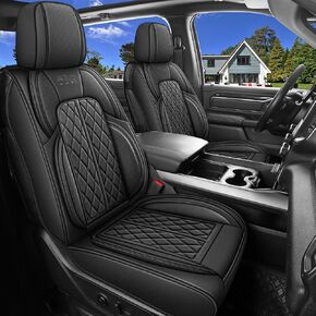 Car Seat Cover Custom Fit for Dodge Ram 1500 2500 3500 2002-2024 Faux Leather Seat Cover Set Compatible with Crew Quad Regular Cab Pickup Truck Cushions (Black & Grey, Full Set, Flat Rear)