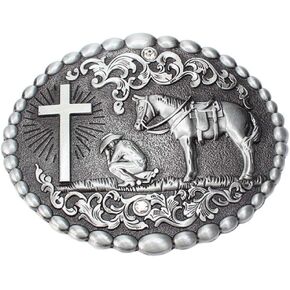 Oyster-Buckle Christian Cowboy Praying to the Cross with Horse Belt Buckle