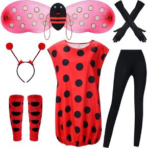 Ladybug Costume for Girls Women Ladybird Dress Fuzzy Leg Warmers Wing Pants Gloves Ladybug Outfit for Halloween Dress up
