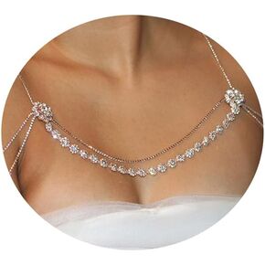 Rhinestone Shoulder Body Chain Jewelry,Multi-Layered Flower Rhinestone Bridal Back Chain Necklace Sexy Festival Rave Crystal Shoulder Chain Wedding Backdrop Jewelry for Women