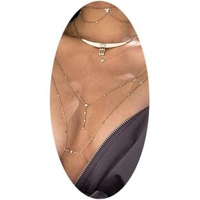 CanB Sexy Body Chain Gold Necklace Chest Chain Set Beach Bra Chain Rhinestone Bra Belly Chain Rave Party Body Accessory for Women
