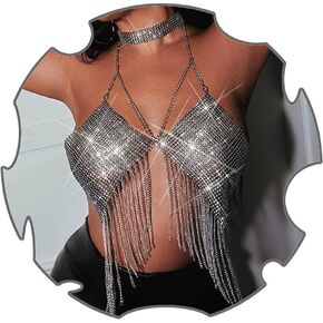 Uranian Rhinestone Bra Top Chains Sexy Body Chain Sparkly Crop Top Mesh Halter Bikini Top Beach Party Body Jewelry for Women and Girls
