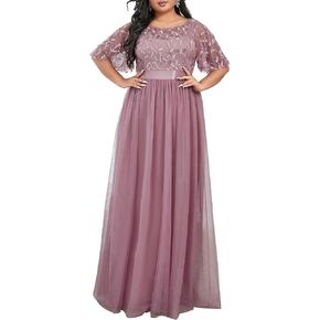 Ever-Pretty Women's Round Neck Short Sleeves Plus Size A-Line Tulle Sequin Formal Evening Dresses 0904-DA2
