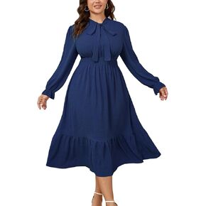 SCOMCHIC Womens Plus Size Midi Dress Flowy A Line Bow Tie Swing Dress Formal Work Party Cocktail Dresses for Wedding Guest