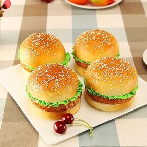 4PCS Realistic Artificial Hamburger Lifelike Burger Fake Food Bread Model Photography Prop for Home Kitchen Shop Party Display Decoration