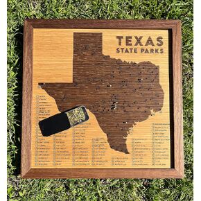 Texas State Parks push pin map, 13" x 13" - framed wooden travel tracker map of the Texas Parks and Wildlife park system with brass pins