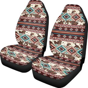 Dreaweet Aztec Seat Covers for Cars SUV Trucks,Brown Cow Print Car Seat Covers Vehicle Seat Protector Set of 2,Cute Cow Print Car Accessories for Women Interior