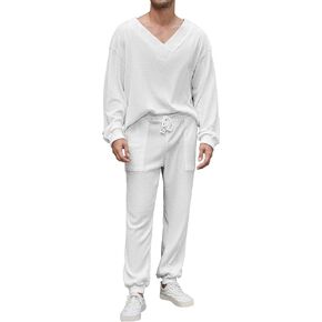 Men's 2 Piece Outfits Long Sleeve V Neck Casual Waffle Knit Pullover Tops Drawstring Pants Loungewear Pajama Sets