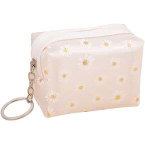 Daisy Coin Purse Wallet Clear Change Pouch Bag Small Flower Makeup Bag Cute Floral Cosmetic Bag Waterproof Sanitary Napkin Storage Bag Transparent Credit Card Holder with Key Ring Purple