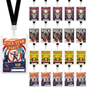 48 Sets Rock Star Party Badge Lanyards with Plastic Rock Star VIP Pass Cards 4 Styles Rock Star Party Badges Breakaway Lanyard with Durable Hook for Rock Star Themed Music Party Supplies