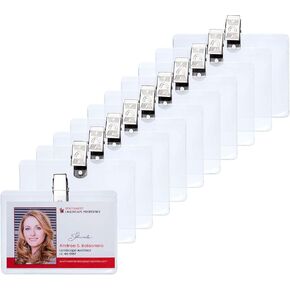 ID Badge Holder, Horizontal Plastic Name Card Holder with Metal Clip and Insert Cards - Quick Load - Create Professional Badges for Shows, Social Events, Conference and More - (50 Pack, 2.3" x 3.5")