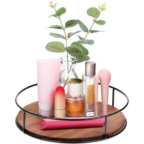 360° Rotating Storage Tray Wood Round Tray Bathroom Organizers and Storage for Vanity, Counter, Sink, Coffee Table, Brown