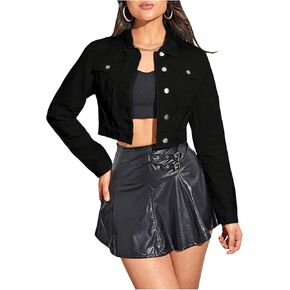 MakeMeChic Women's Cropped Denim Jackets Long Sleeve Collar Neck Button Down Coats Outerwear